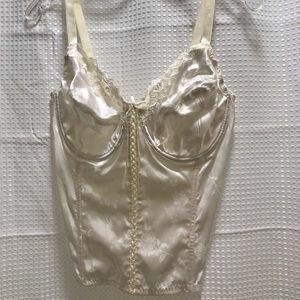 Cream colored brocade satin and lace corset.